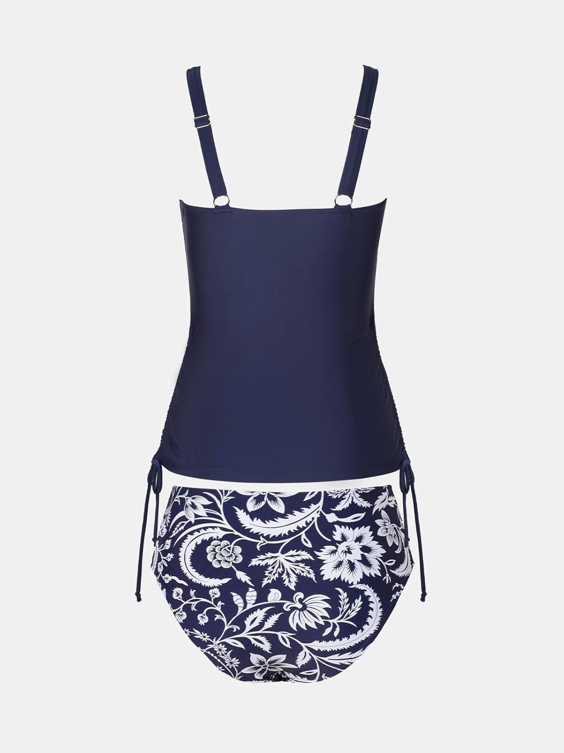 imageCUPSHE Womens Tankini Sets Square Neck High Waisted Two Piece Bathing Suits Adjustable Straps Drawstring SwimwearNavy BluePlants