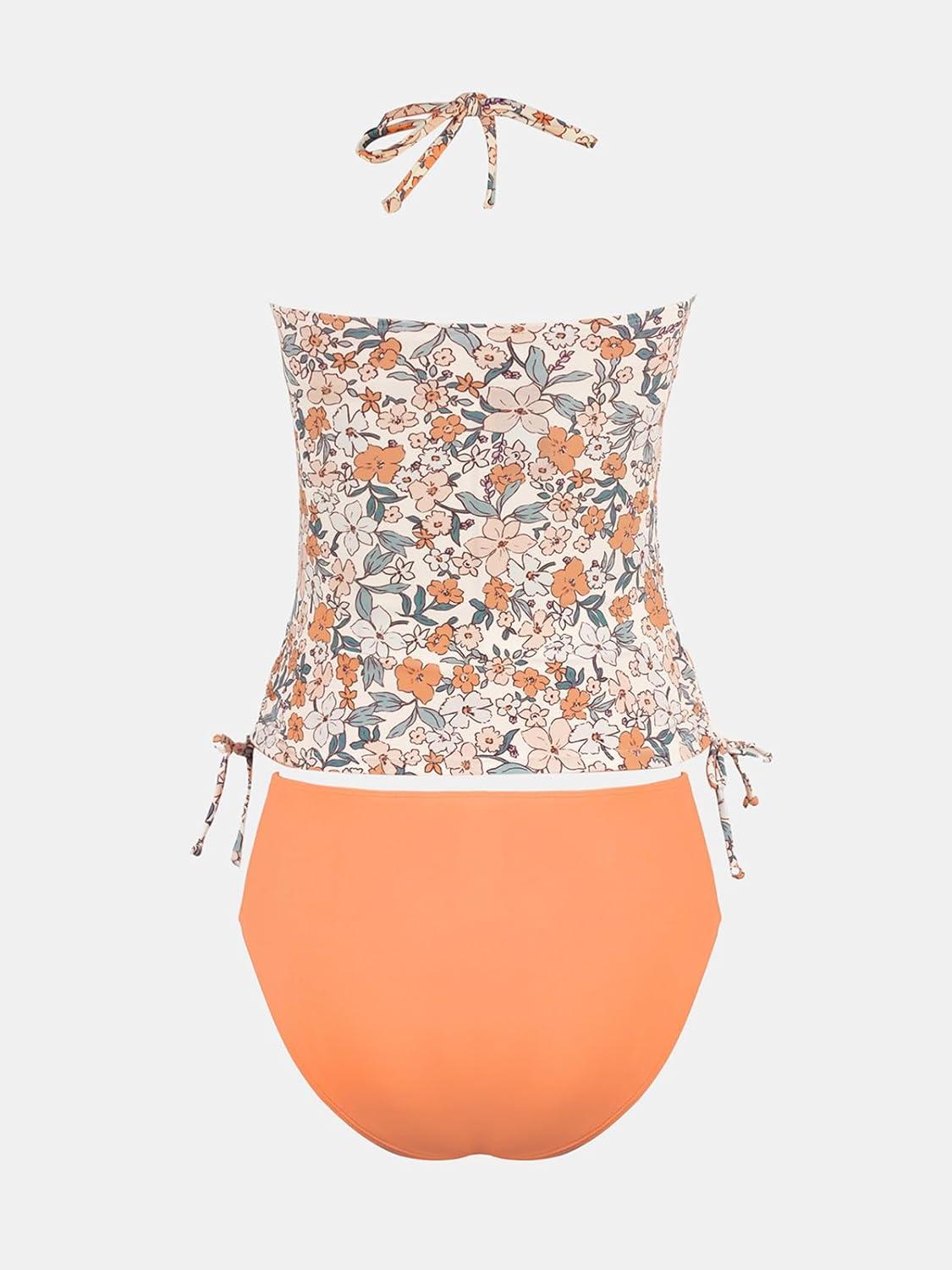 imageCUPSHE Womens Tankini Sets Two Piece Swimsuit High Neck Halter Mid Rise Adjustable DrawstringsApricotFloral