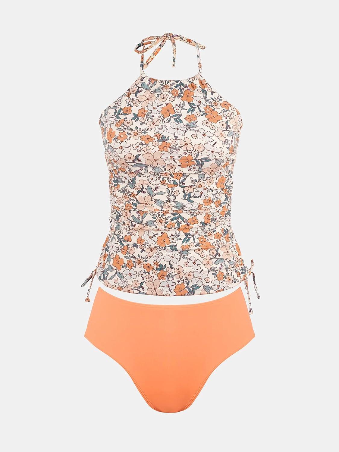 imageCUPSHE Womens Tankini Sets Two Piece Swimsuit High Neck Halter Mid Rise Adjustable DrawstringsApricotFloral