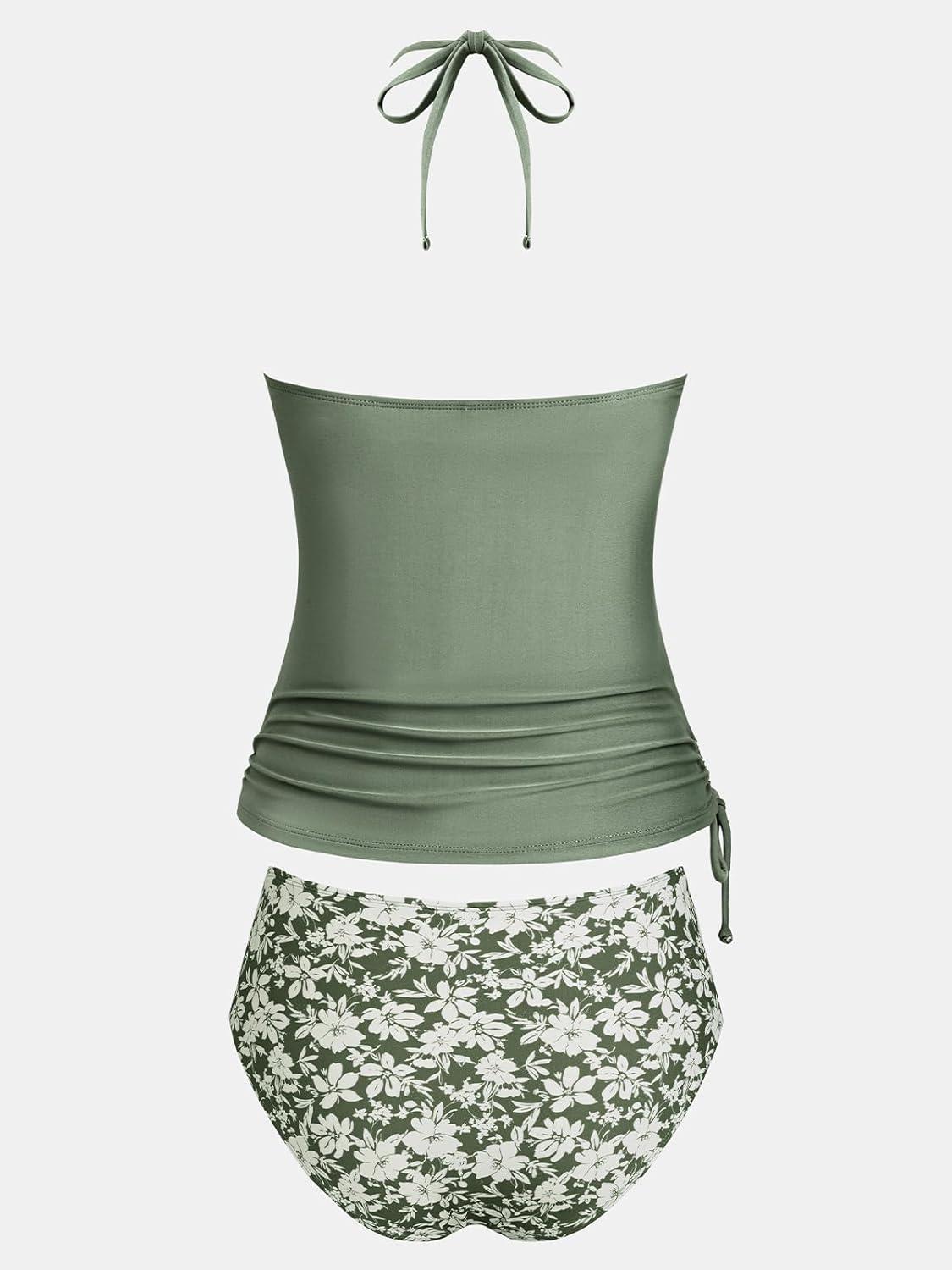 imageCUPSHE Womens Tankini Sets Two Piece Swimsuit High Neck Halter Mid Rise Adjustable DrawstringsOlive GreenFloral