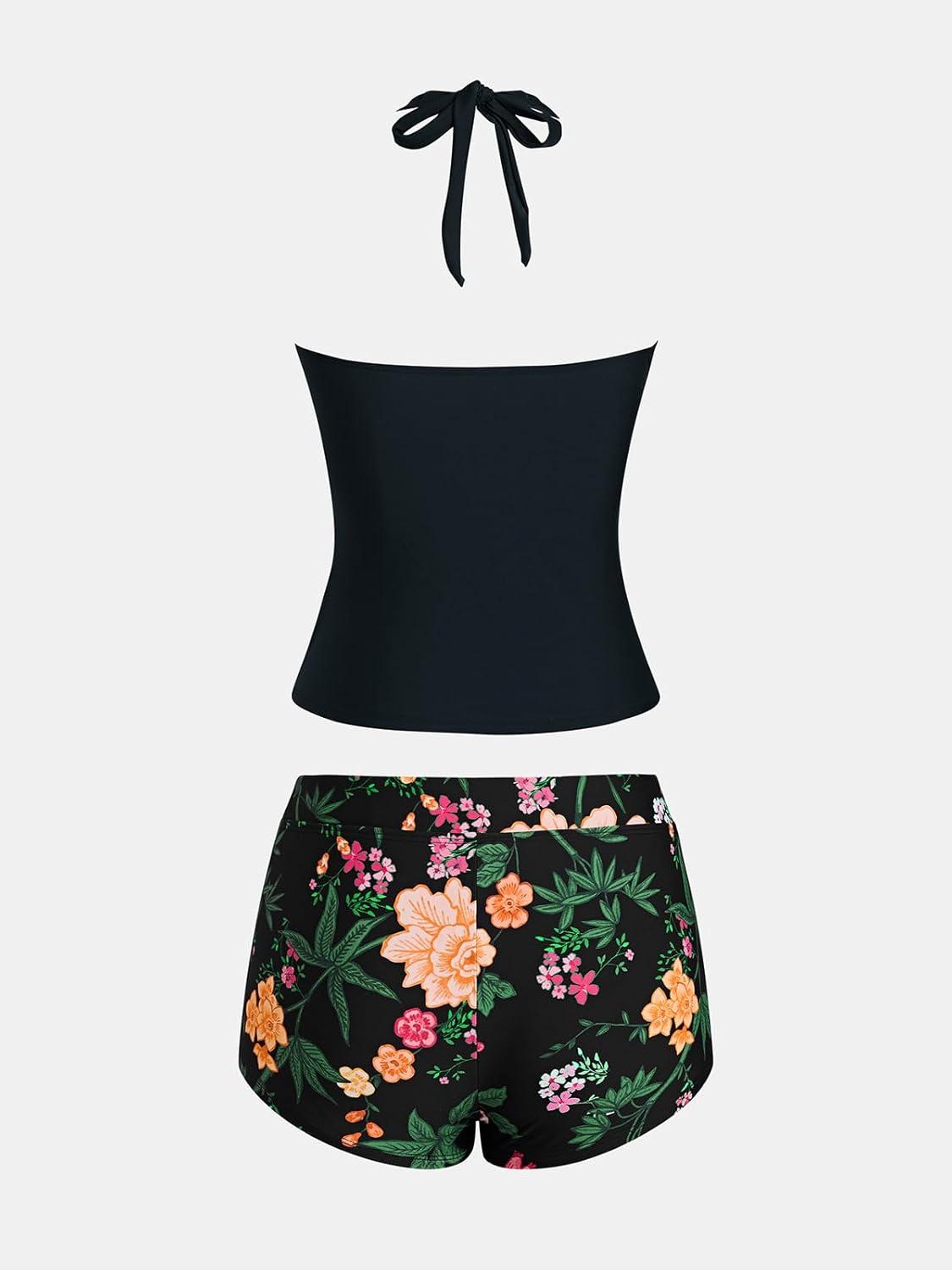 imageCUPSHE Womens Tankini Sets Two Piece Swimsuit High Waisted Halter V Neck Bathing Suit Adjustable Straps ShortsBlackOrange Floral