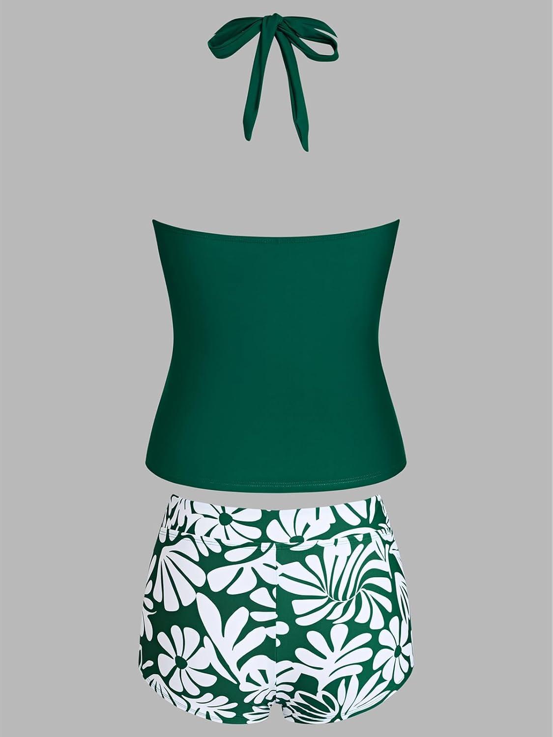 imageCUPSHE Womens Tankini Sets Two Piece Swimsuit High Waisted Halter V Neck Bathing Suit Adjustable Straps ShortsGreenWhite Floral