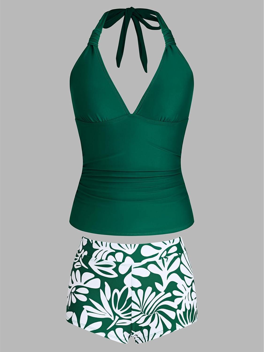 imageCUPSHE Womens Tankini Sets Two Piece Swimsuit High Waisted Halter V Neck Bathing Suit Adjustable Straps ShortsGreenWhite Floral