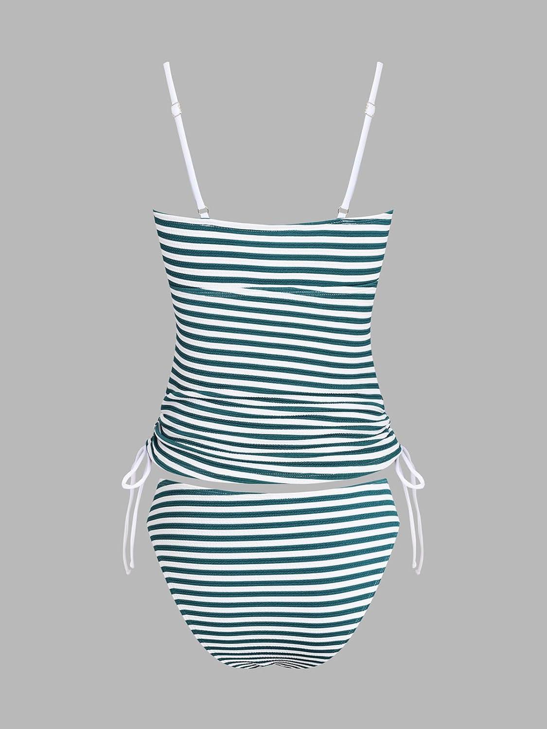 imageCUPSHE Womens Tankini Sets Two Piece Swimsuit Mid Rise Sweetheart Neck Adjustable Straps Side Drawstring TexturedGreen White Stripe