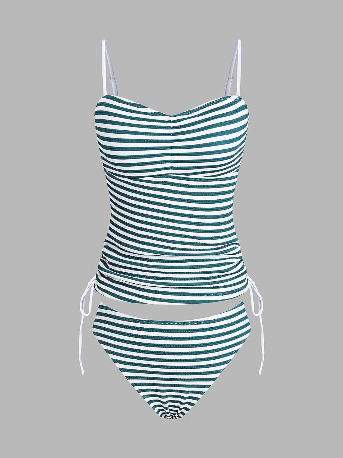 imageCUPSHE Womens Tankini Sets Two Piece Swimsuit Mid Rise Sweetheart Neck Adjustable Straps Side Drawstring TexturedGreen White Stripe