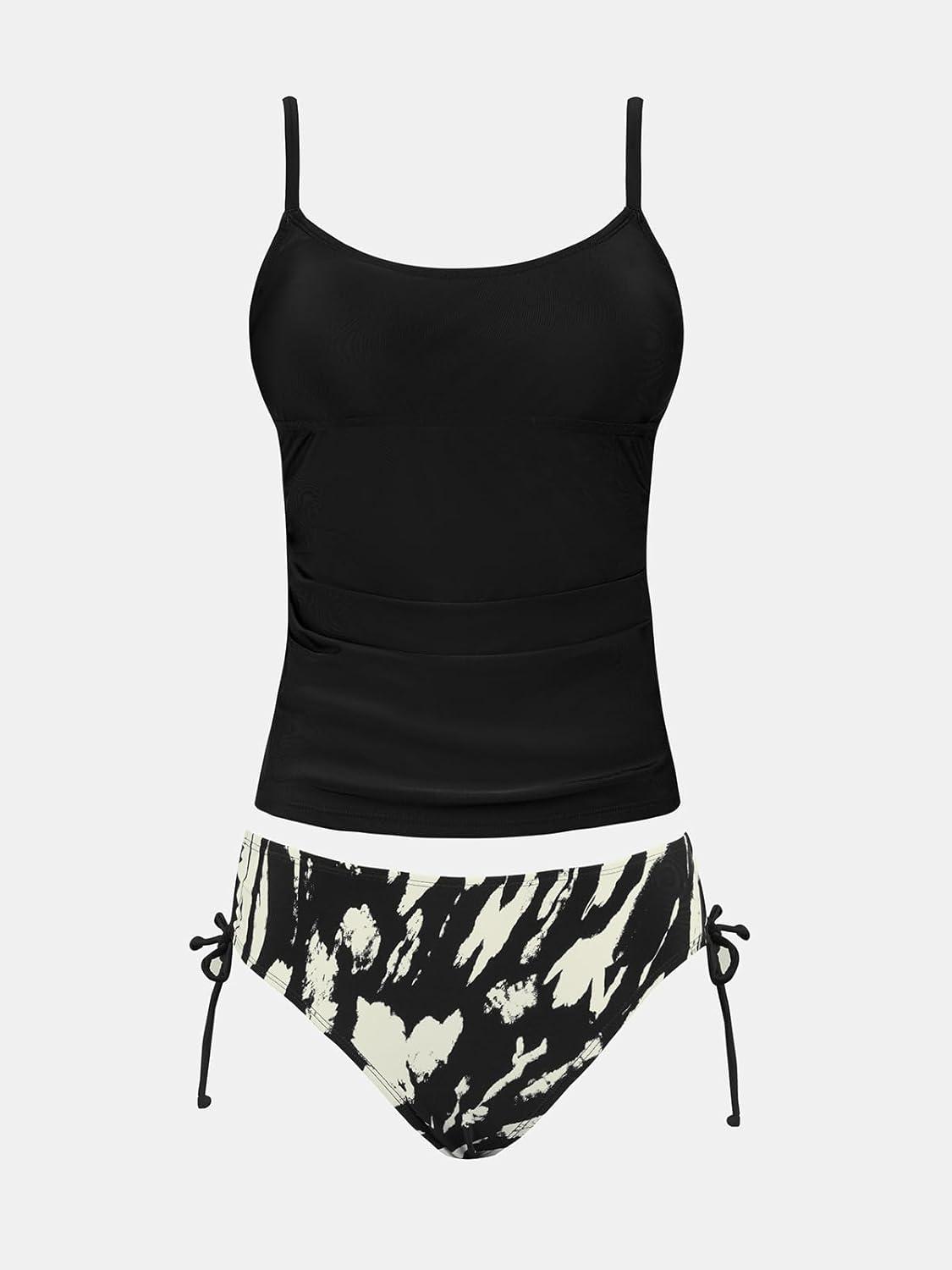 imageCUPSHE Womens Tankini Sets Two Piece Swimsuit Scoop Neck Ruched Adjustable Straps Drawstring Mid RiseBlack
