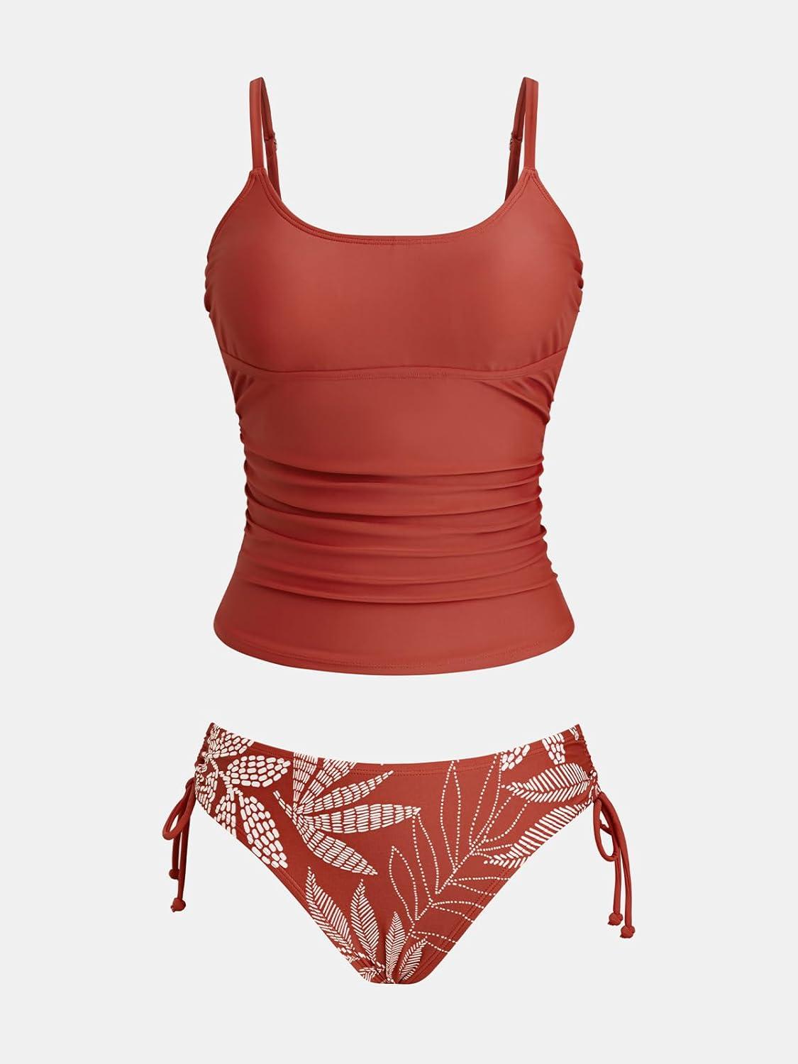 imageCUPSHE Womens Tankini Sets Two Piece Swimsuit Scoop Neck Ruched Adjustable Straps Drawstring Mid RiseBrick RedLeaf