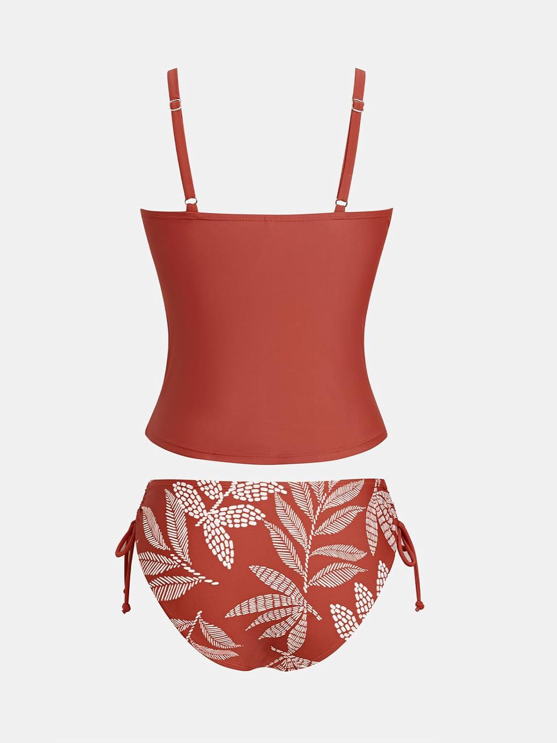imageCUPSHE Womens Tankini Sets Two Piece Swimsuit Scoop Neck Ruched Adjustable Straps Drawstring Mid RiseBrick RedLeaf