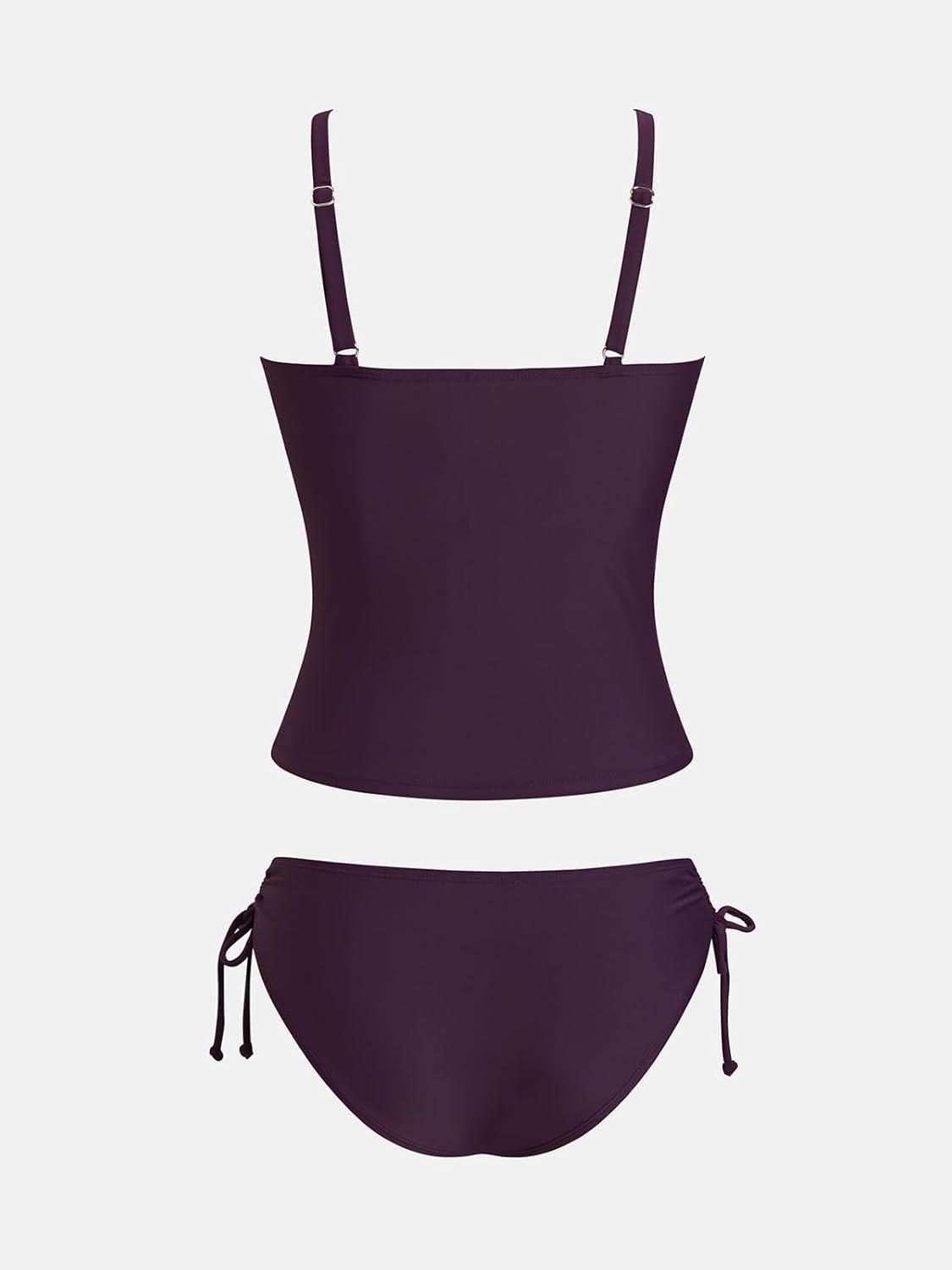 imageCUPSHE Womens Tankini Sets Two Piece Swimsuit Scoop Neck Ruched Adjustable Straps Drawstring Mid RiseDeep Purple