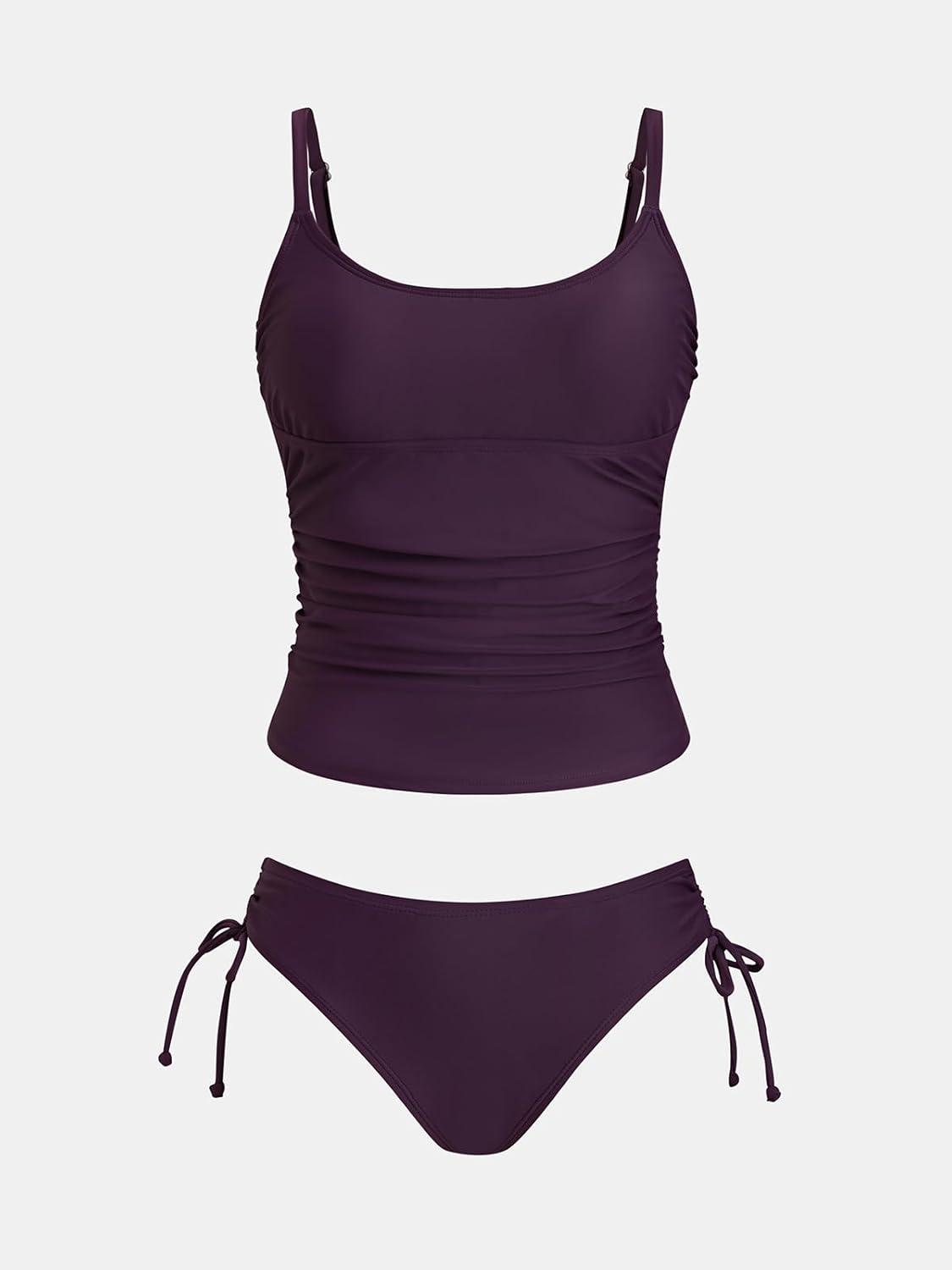imageCUPSHE Womens Tankini Sets Two Piece Swimsuit Scoop Neck Ruched Adjustable Straps Drawstring Mid RiseDeep Purple