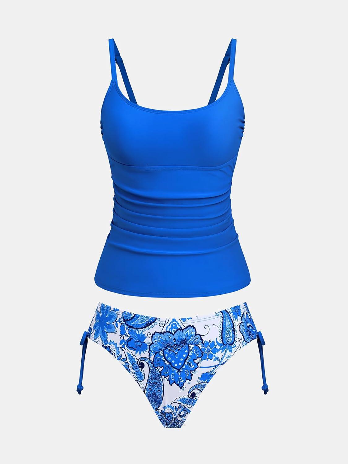 imageCUPSHE Womens Tankini Sets Two Piece Swimsuit Scoop Neck Ruched Adjustable Straps Drawstring Mid RiseRoyal BlueFloral
