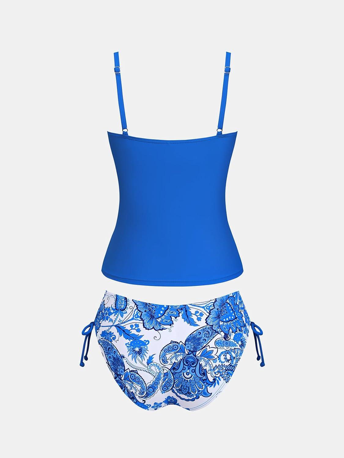imageCUPSHE Womens Tankini Sets Two Piece Swimsuit Scoop Neck Ruched Adjustable Straps Drawstring Mid RiseRoyal BlueFloral