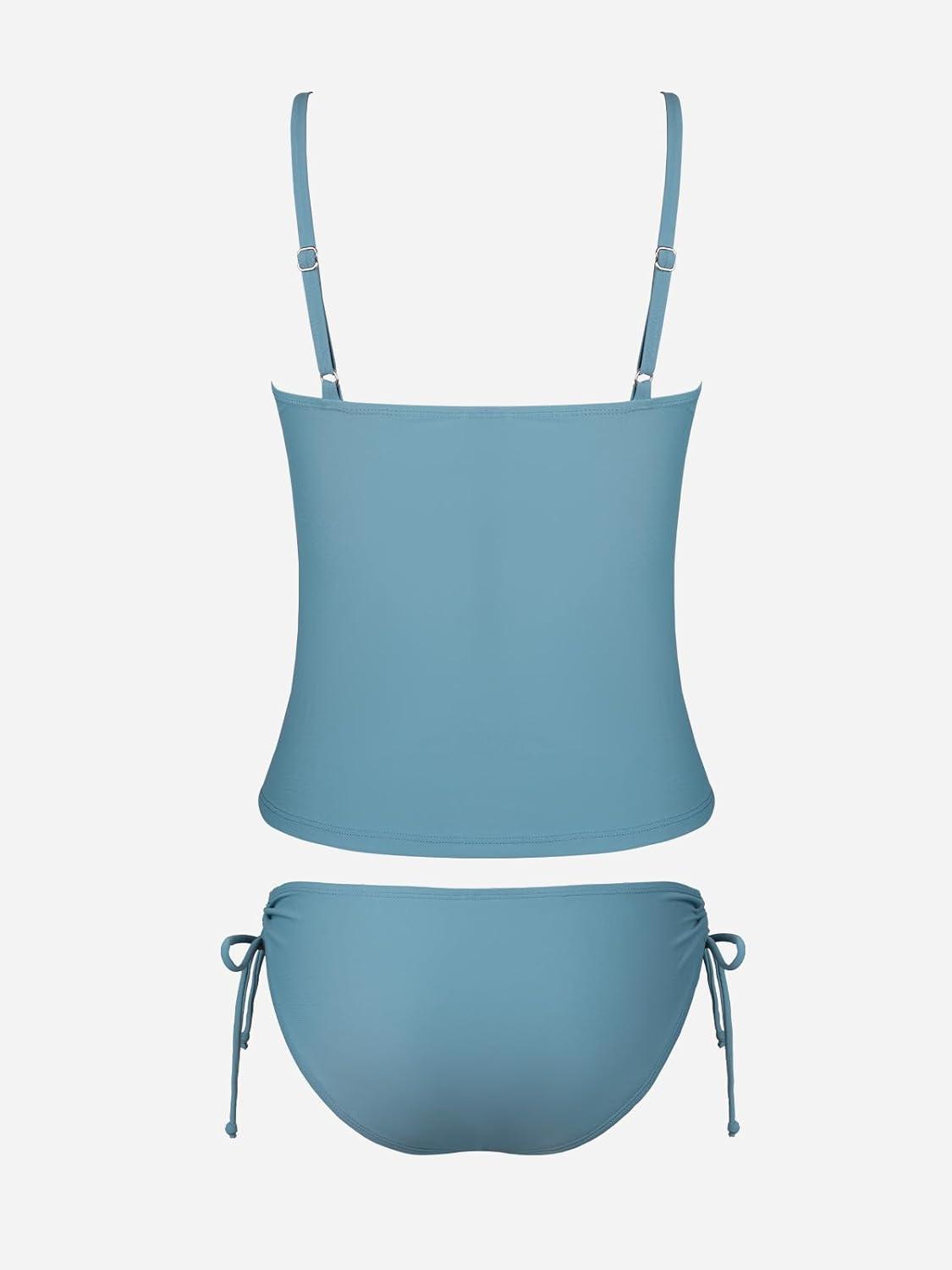 imageCUPSHE Womens Tankini Sets Two Piece Swimsuit Scoop Neck Ruched Adjustable Straps Drawstring Mid RiseSky Blue