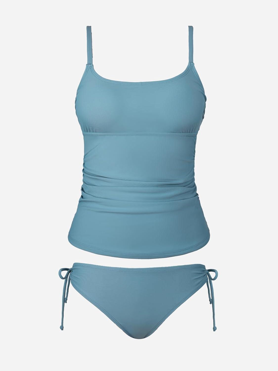 imageCUPSHE Womens Tankini Sets Two Piece Swimsuit Scoop Neck Ruched Adjustable Straps Drawstring Mid RiseSky Blue