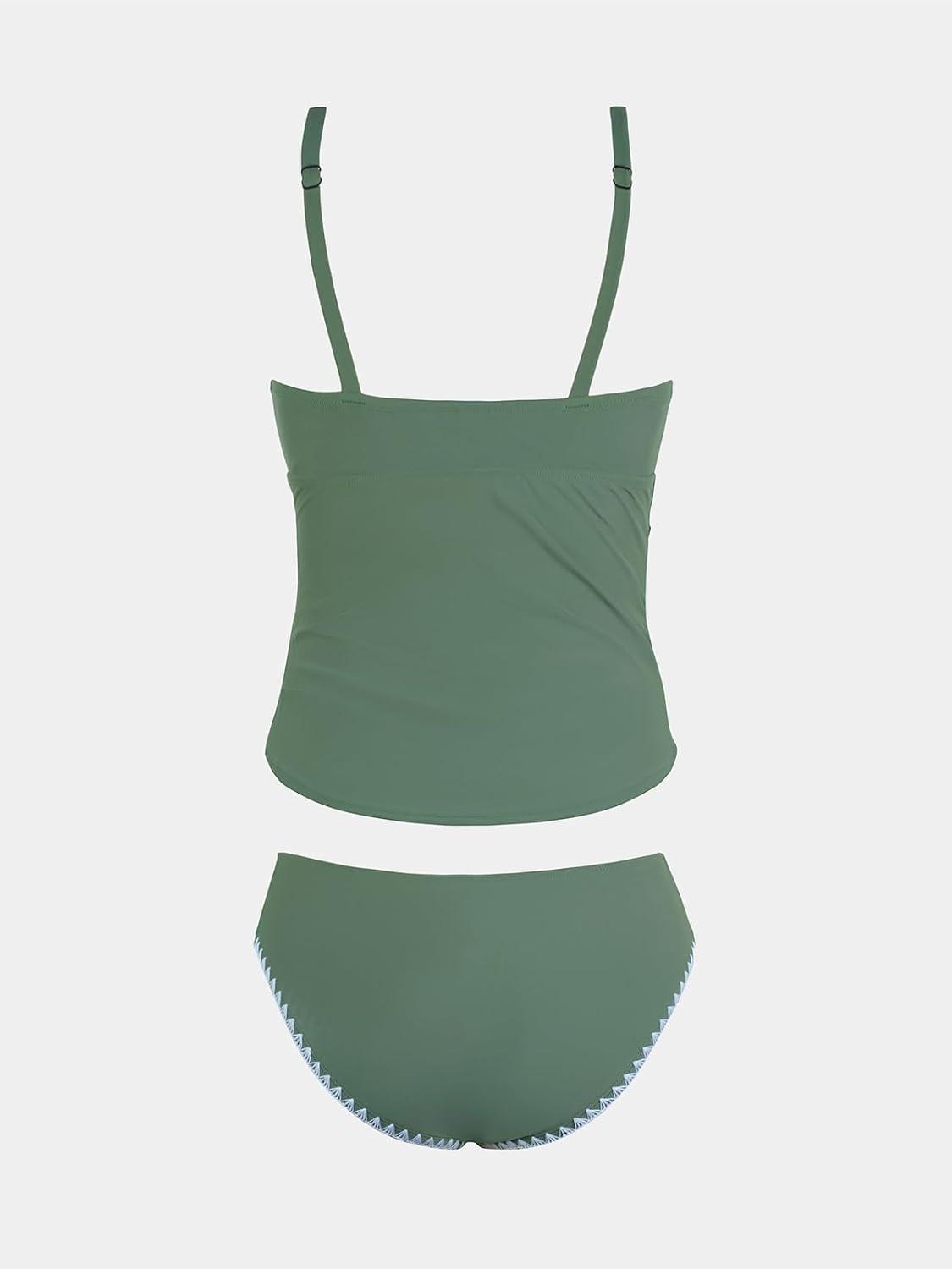 imageCUPSHE Womens Tankini Sets Two Piece Swimsuit Scoop Neck Tummy Control Adjustable Straps Shell StitchedEucalyptus Green