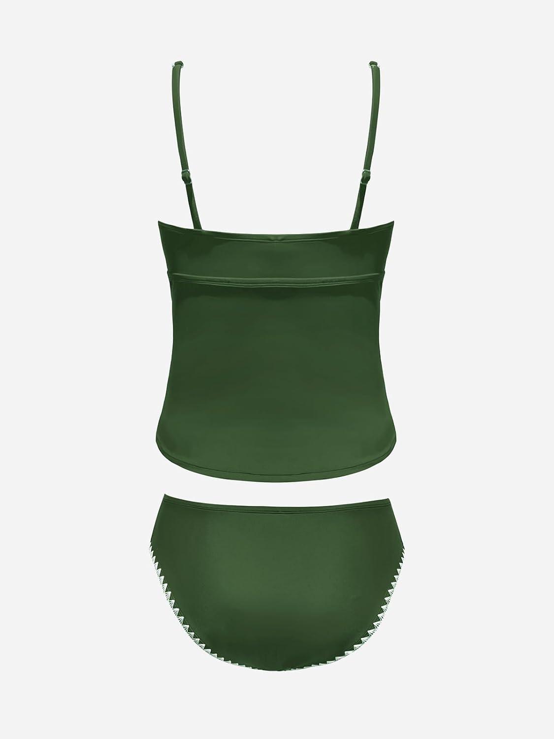 imageCUPSHE Womens Tankini Sets Two Piece Swimsuit Scoop Neck Tummy Control Adjustable Straps Shell StitchedForest Green