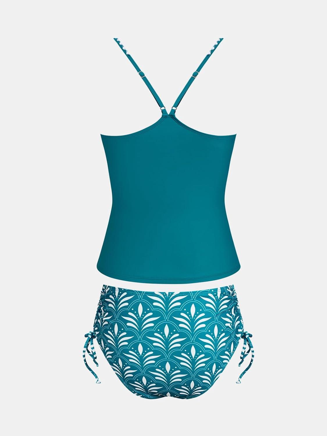 imageCUPSHE Womens Tankini Sets Two Piece Swimsuit V Neck Bathing Suit Mid Rise Drawstring Tummy Control StitchingTeal BlueFloral