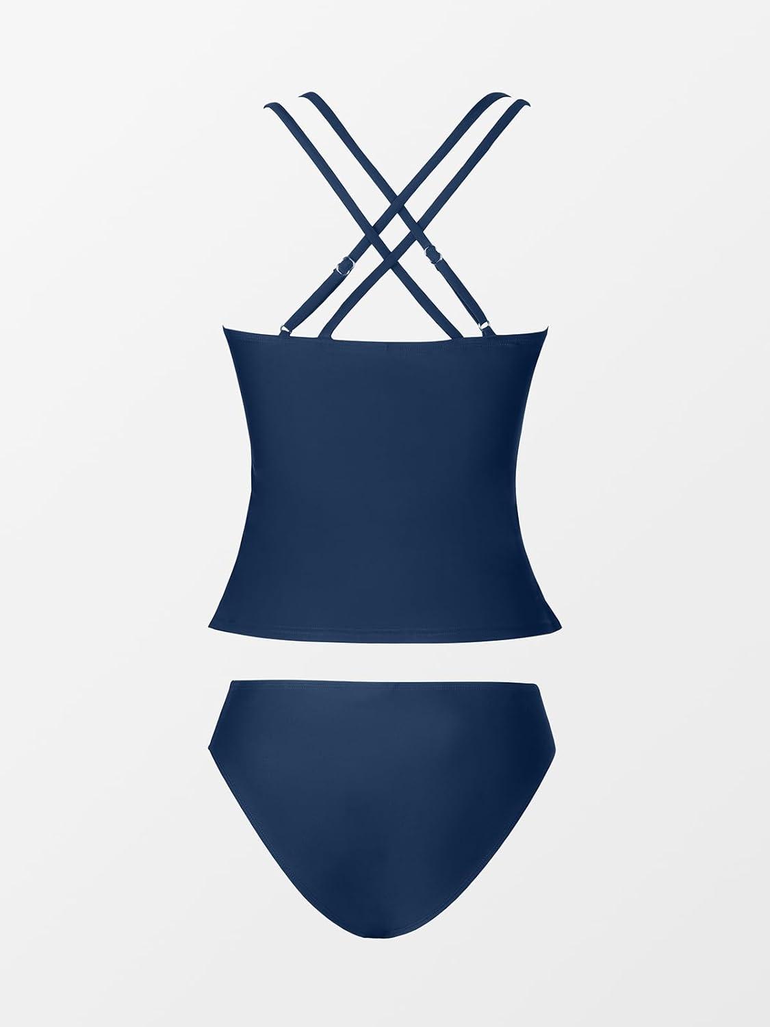 imageCUPSHE Womens Tankini Sets Two Piece Swimsuit V Neck Crisscross Adjustable Double Straps Ruched Mid RiseBlue