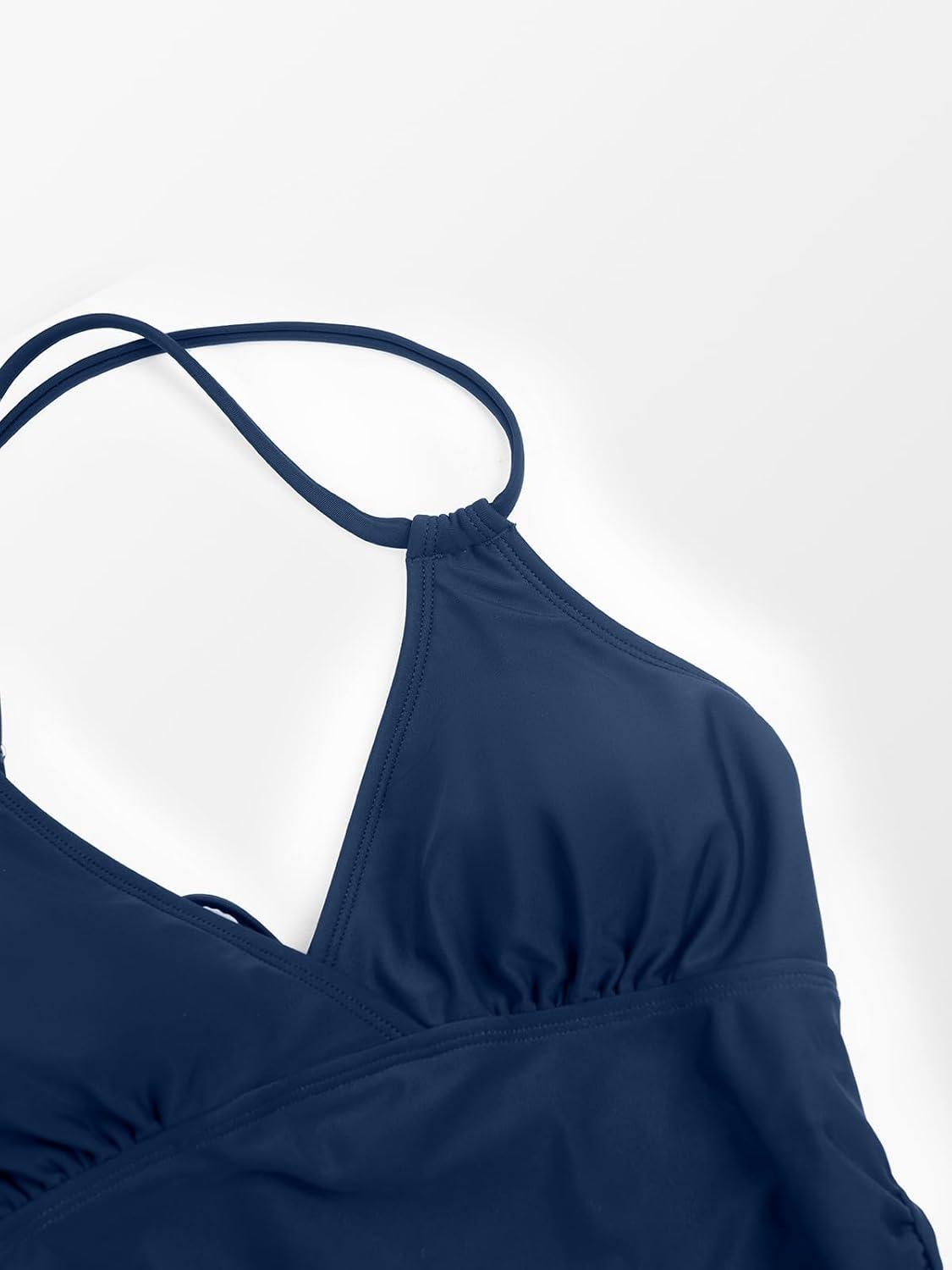 imageCUPSHE Womens Tankini Sets Two Piece Swimsuit V Neck Crisscross Adjustable Double Straps Ruched Mid RiseBlue