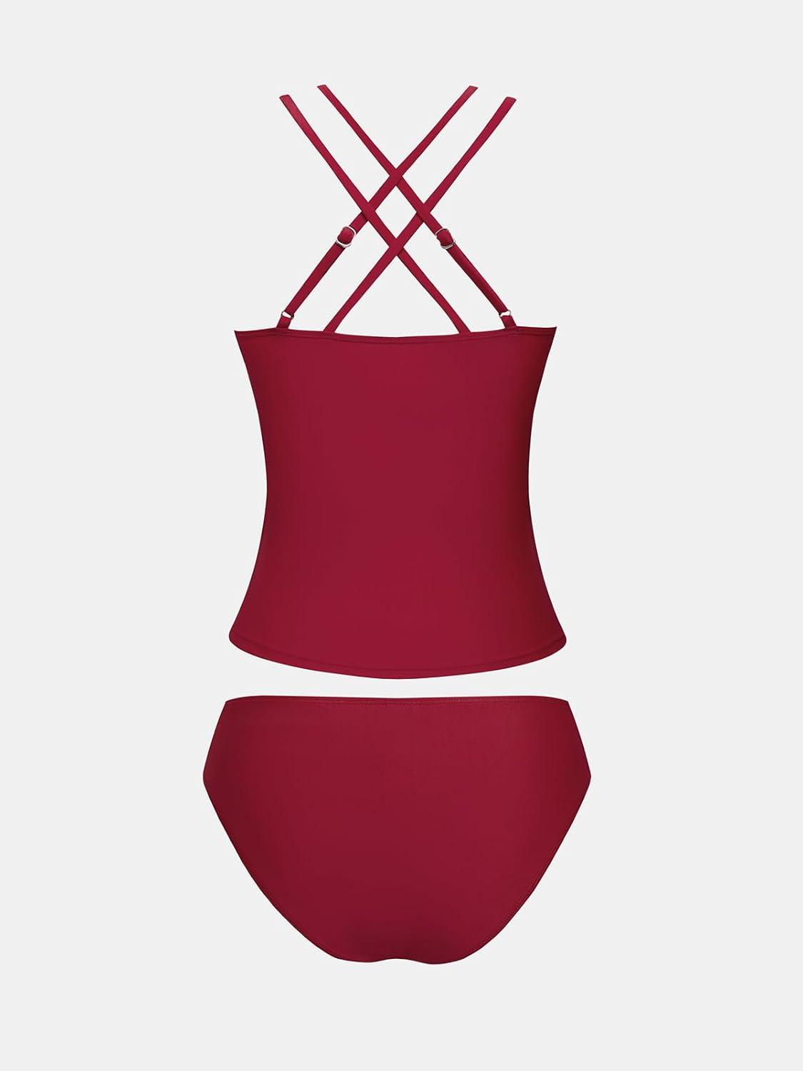 imageCUPSHE Womens Tankini Sets Two Piece Swimsuit V Neck Crisscross Adjustable Double Straps Ruched Mid RiseRed