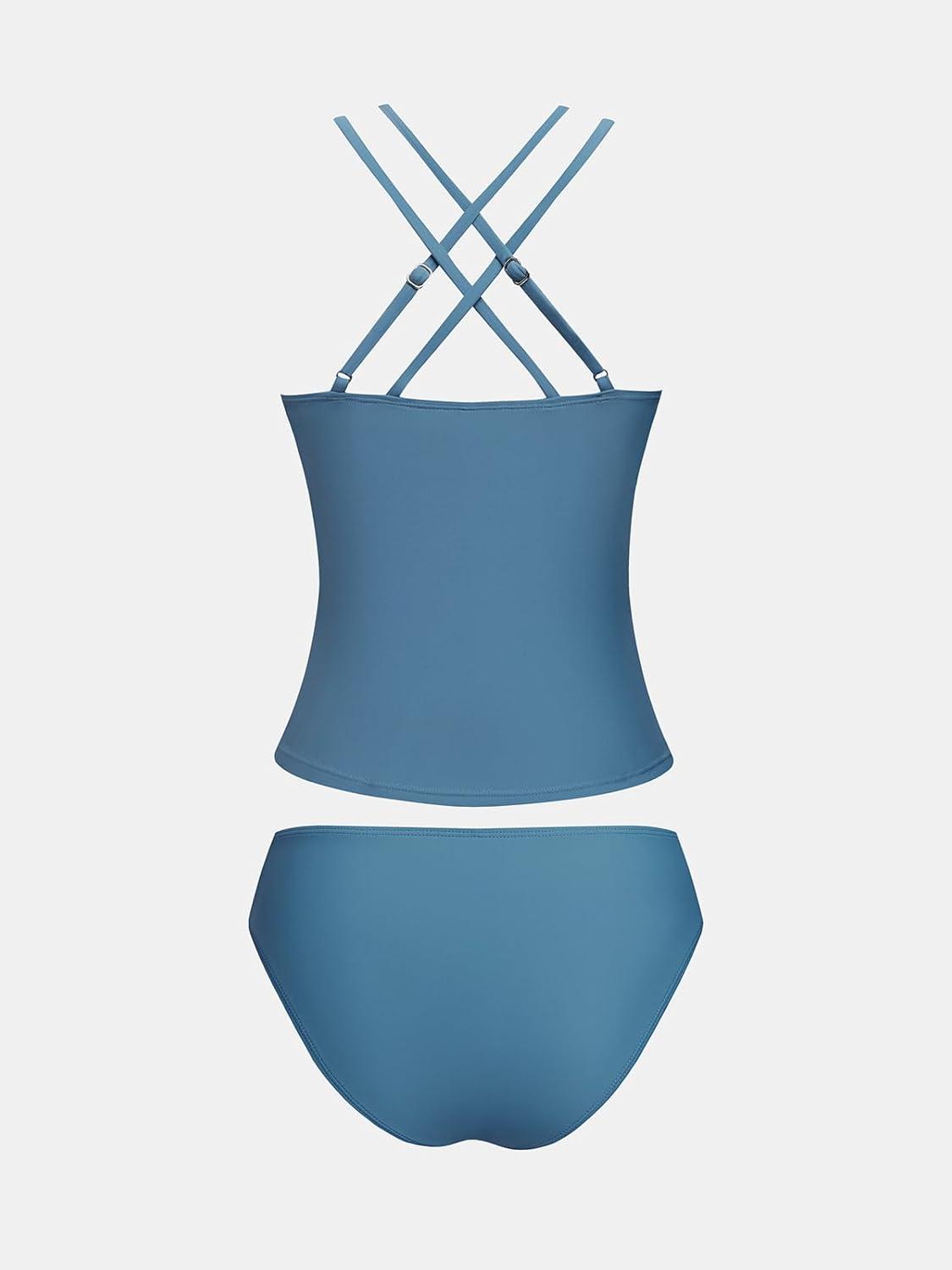 imageCUPSHE Womens Tankini Sets Two Piece Swimsuit V Neck Crisscross Adjustable Double Straps Ruched Mid RiseSky Blue