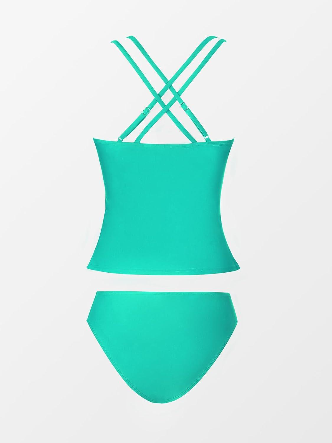 imageCUPSHE Womens Tankini Sets Two Piece Swimsuit V Neck Crisscross Adjustable Double Straps Ruched Mid RiseTurquoise Green