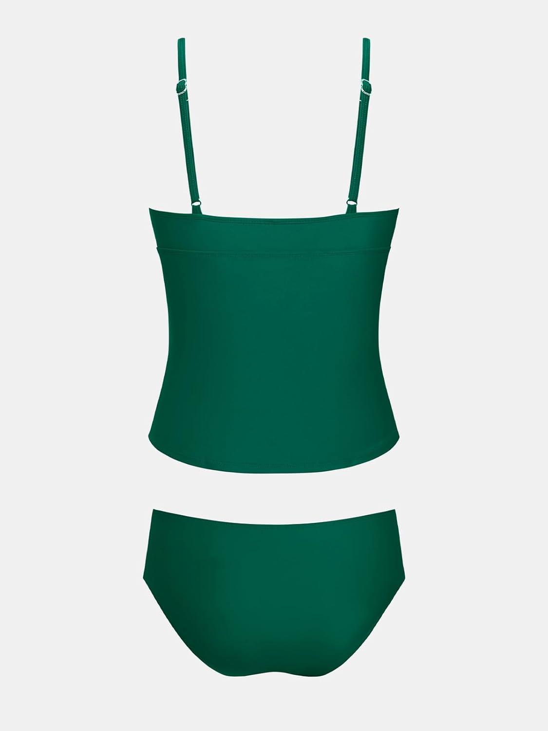 imageCUPSHE Womens Tankini Sets Two Piece Swimsuit V Neck Ruched Shell Stitched Bathing Suit Spaghetti Adjustable StrapsForest Green