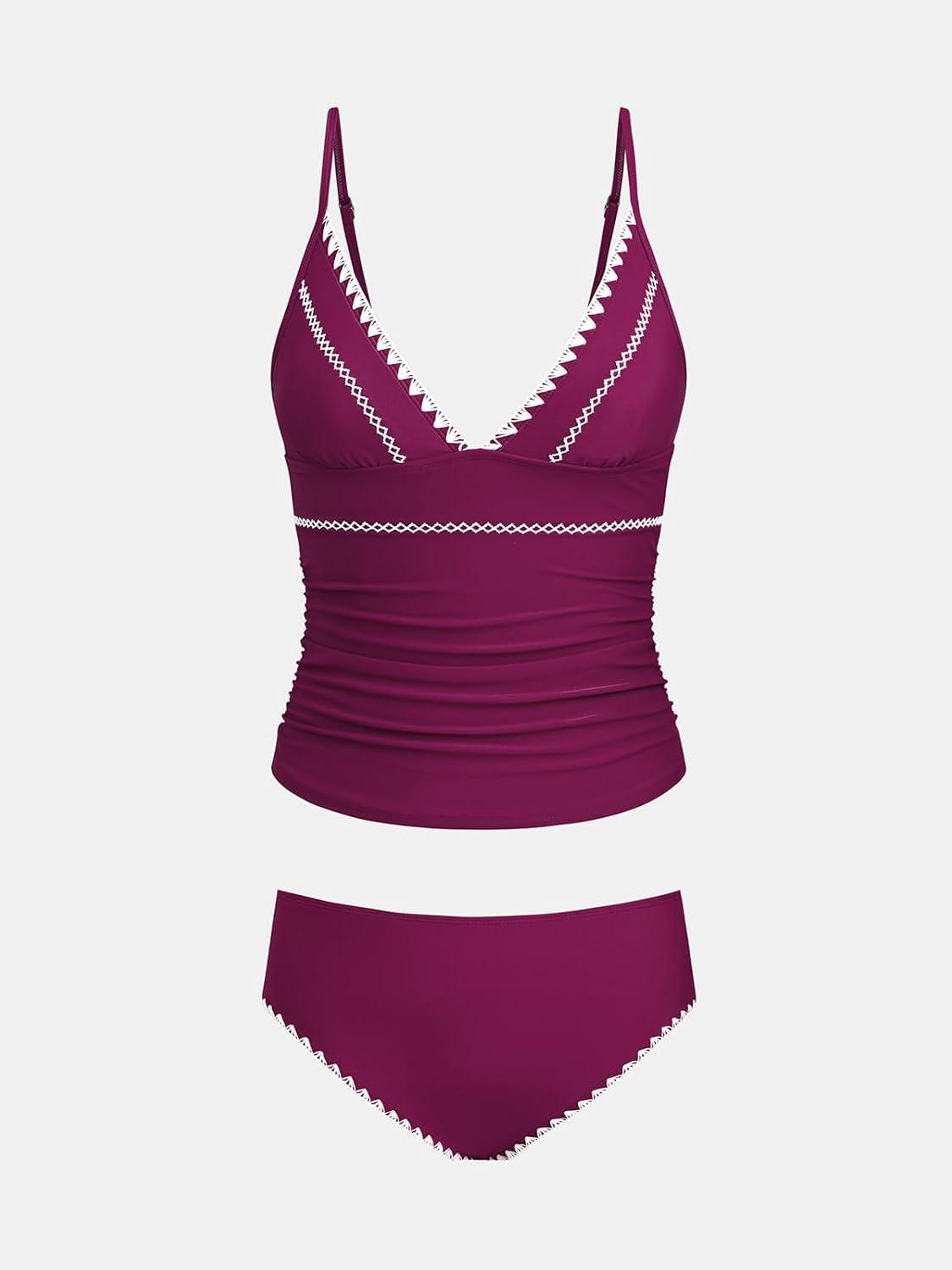 imageCUPSHE Womens Tankini Sets Two Piece Swimsuit V Neck Ruched Shell Stitched Bathing Suit Spaghetti Adjustable StrapsFuchsia