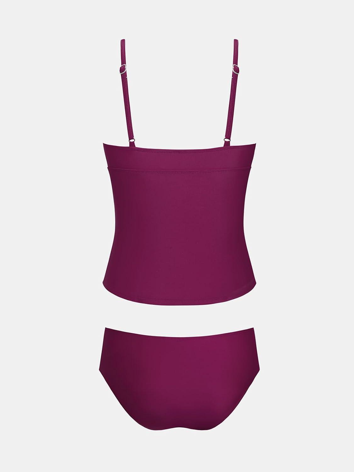 imageCUPSHE Womens Tankini Sets Two Piece Swimsuit V Neck Ruched Shell Stitched Bathing Suit Spaghetti Adjustable StrapsFuchsia