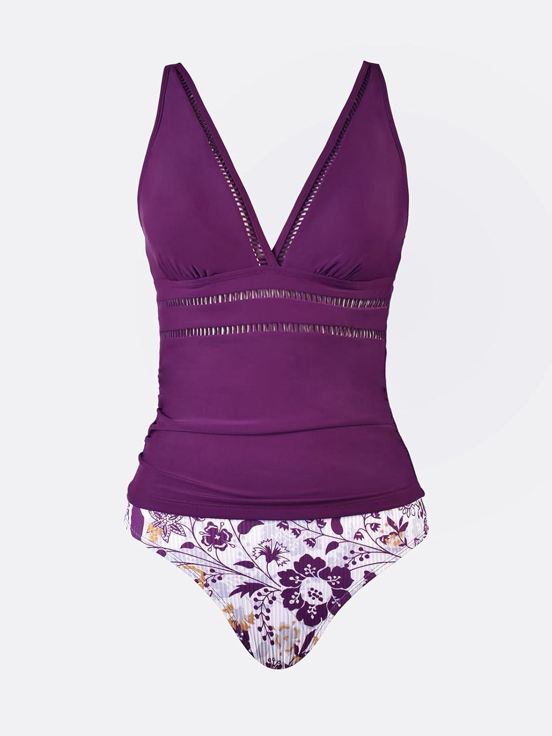 imageCUPSHE Womens Tankini Sets Two Piece Swimsuits Mid Rise V Neck Adjustable Straps Back Hook Cutout CheekyPlum PurpleFloral