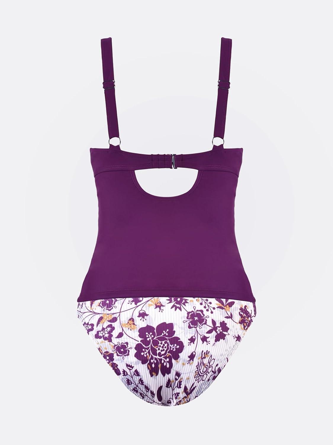 imageCUPSHE Womens Tankini Sets Two Piece Swimsuits Mid Rise V Neck Adjustable Straps Back Hook Cutout CheekyPlum PurpleFloral