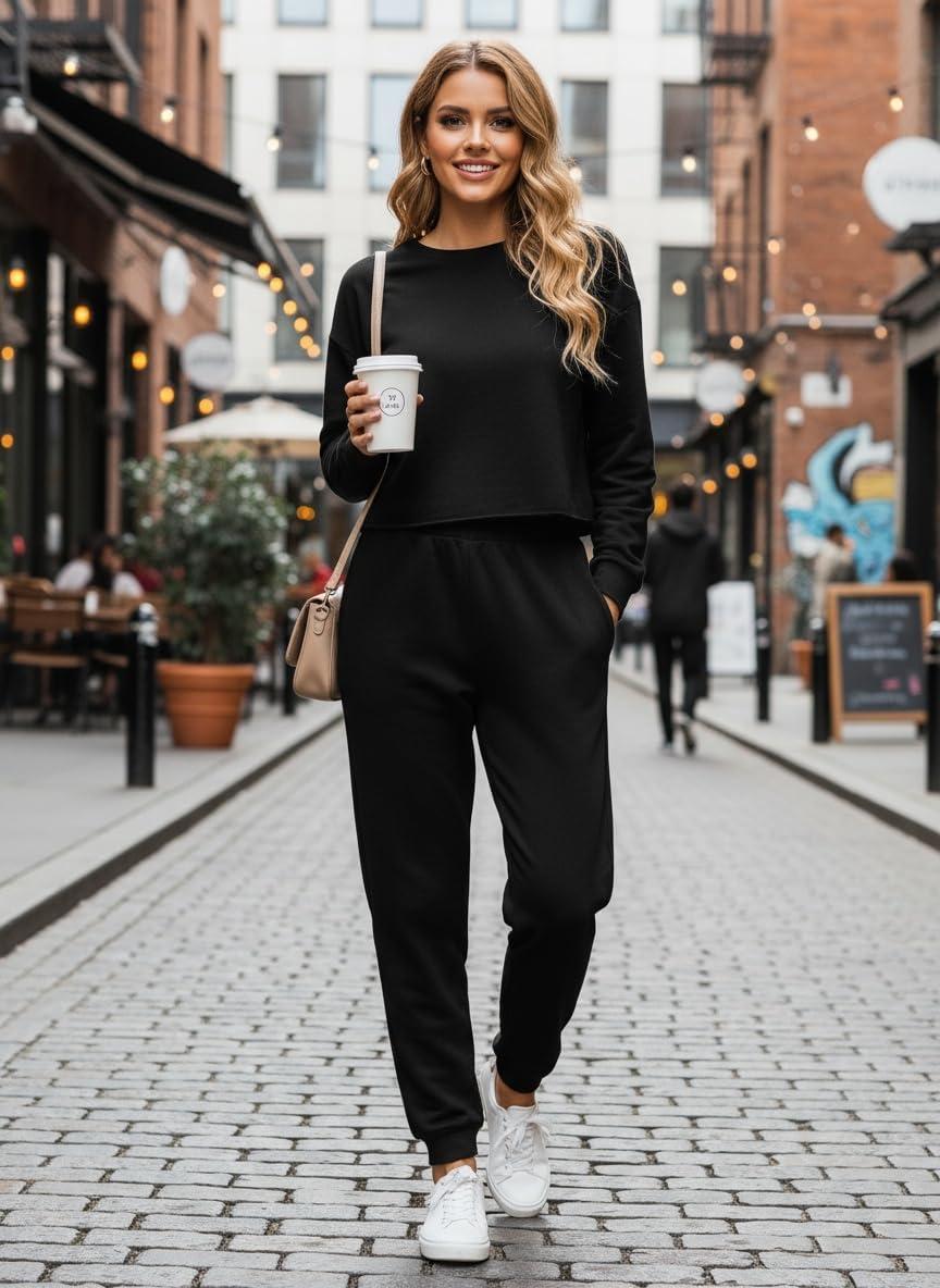 imageCUPSHE Womens Two Piece Outfit Sweatsuits Set Long Sleeve Loungewear Tracksuit Jogger SetBlack