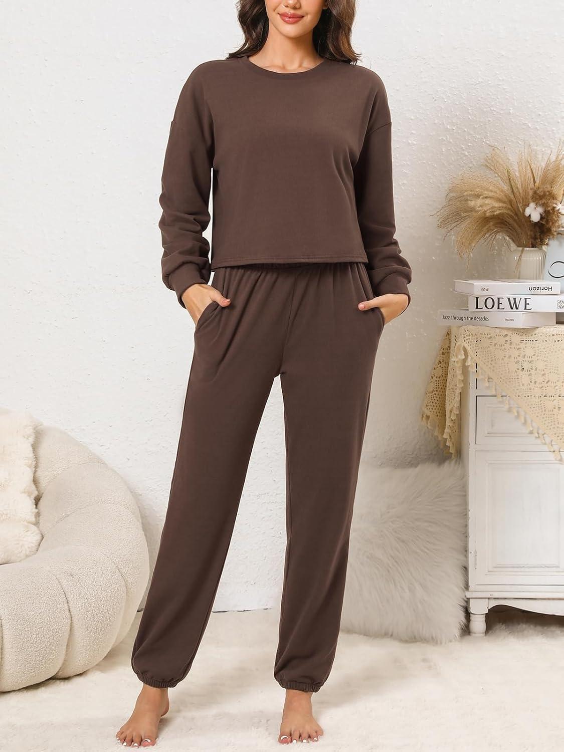 imageCUPSHE Womens Two Piece Outfit Sweatsuits Set Long Sleeve Loungewear Tracksuit Jogger SetBrown