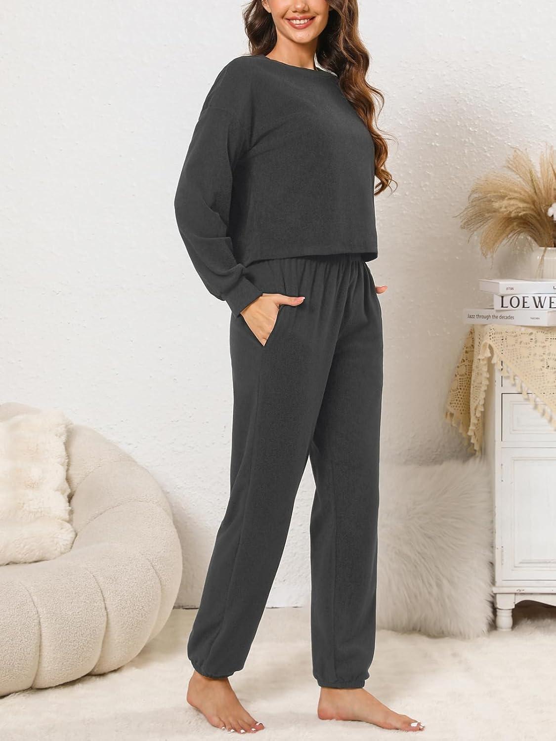 imageCUPSHE Womens Two Piece Outfit Sweatsuits Set Long Sleeve Loungewear Tracksuit Jogger SetDark Grey