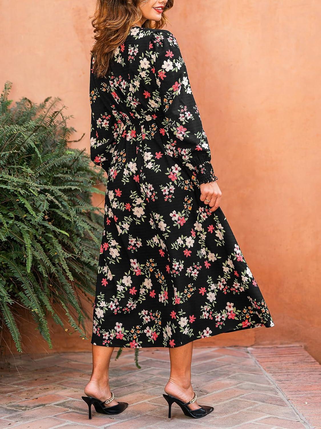 imageCUPSHE Womens V Neck Floral Maxi Dress Long Sleeves Ruffle Flowy Casual Fall DressBlack