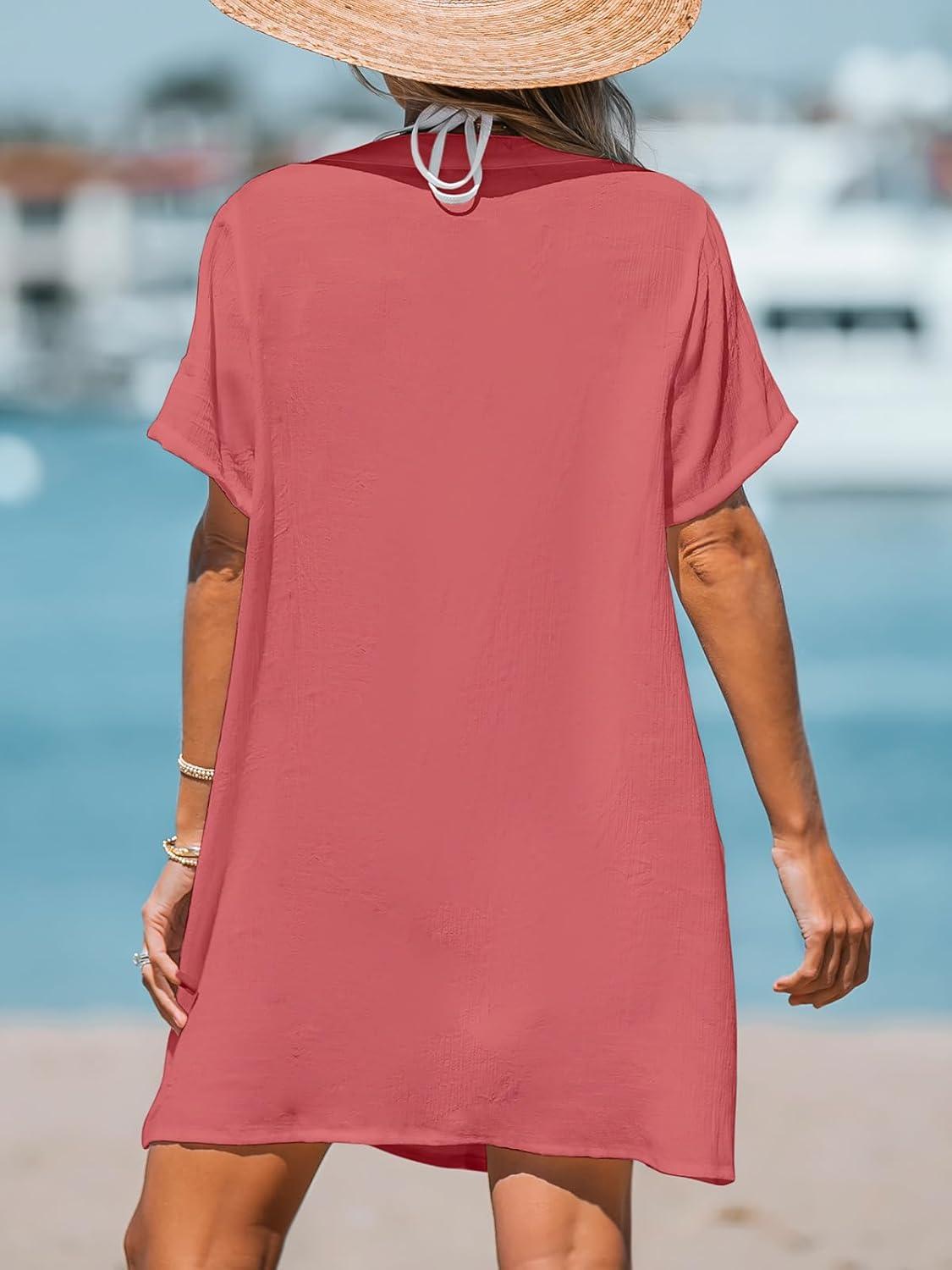 imageCUPSHE Womens V Neck Ruffled Cover Up Button Down Bathing Suit Beach Dress with Short SleevesRedpink