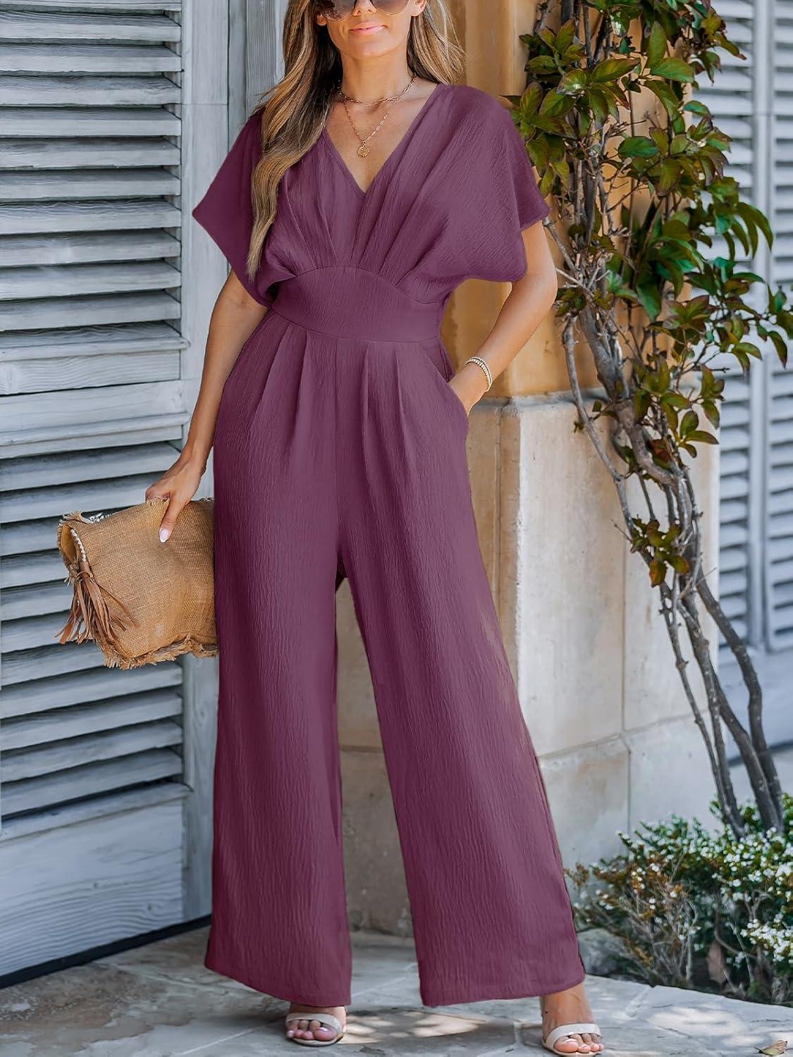 imageCUPSHE Womens Wide Leg Jumpsuits VNeck Batwing Short Sleeve Summer Long Rompe Casual Outfit PocketPurple