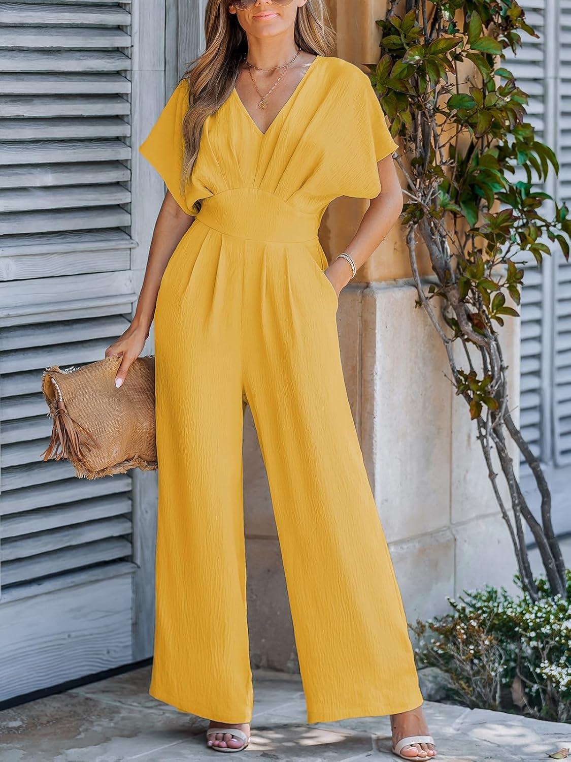 imageCUPSHE Womens Wide Leg Jumpsuits VNeck Batwing Short Sleeve Summer Long Rompe Casual Outfit PocketYellow