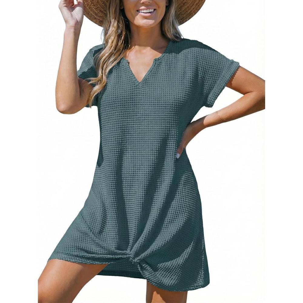 imageCUPSHE Bathing Suit Cover Up for Women Waffle Knit Twisted Beach Dress Short Sleeve Summer Swimsuit Coverup SwimwearDark Green