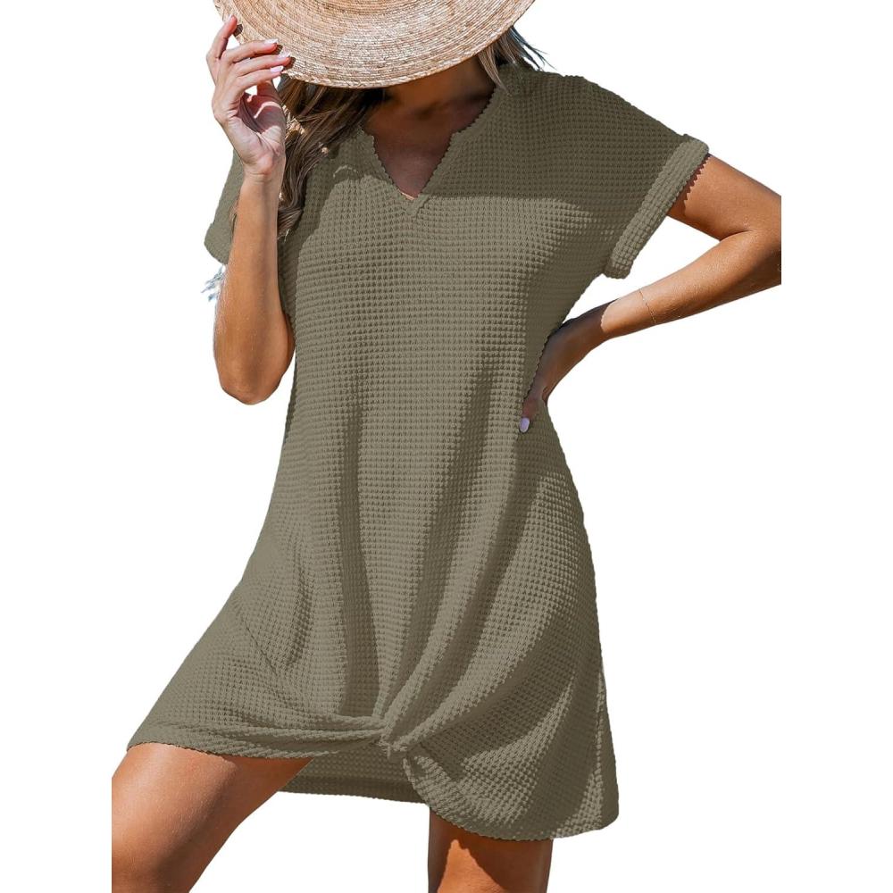 imageCUPSHE Bathing Suit Cover Up for Women Waffle Knit Twisted Beach Dress Short Sleeve Summer Swimsuit Coverup SwimwearGreen