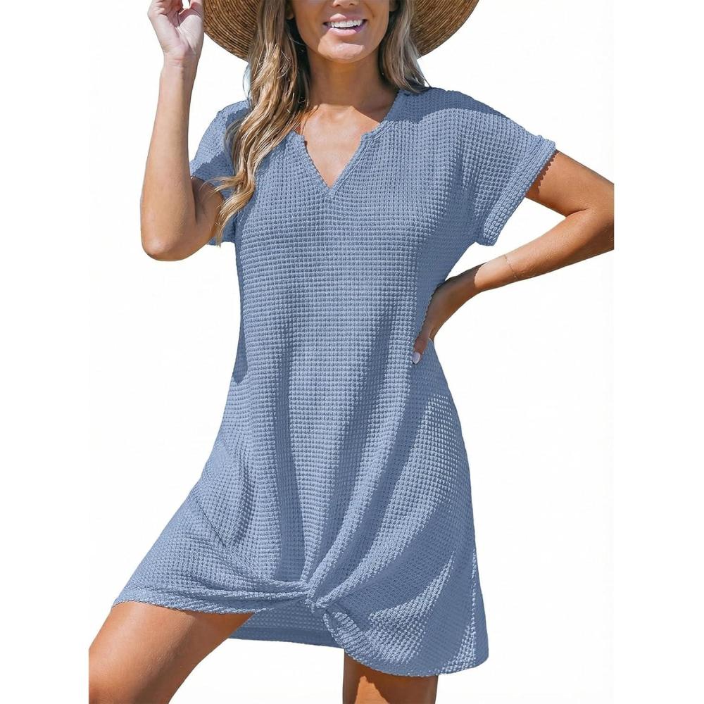 imageCUPSHE Bathing Suit Cover Up for Women Waffle Knit Twisted Beach Dress Short Sleeve Summer Swimsuit Coverup SwimwearSky Blue
