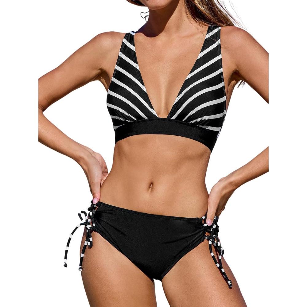 imageCUPSHE Bikini Set for Women Two Piece Swimsuit V Neck Triangle Top Wide Straps Cross Back Lace up Mid RiseBlackWhite Stripe
