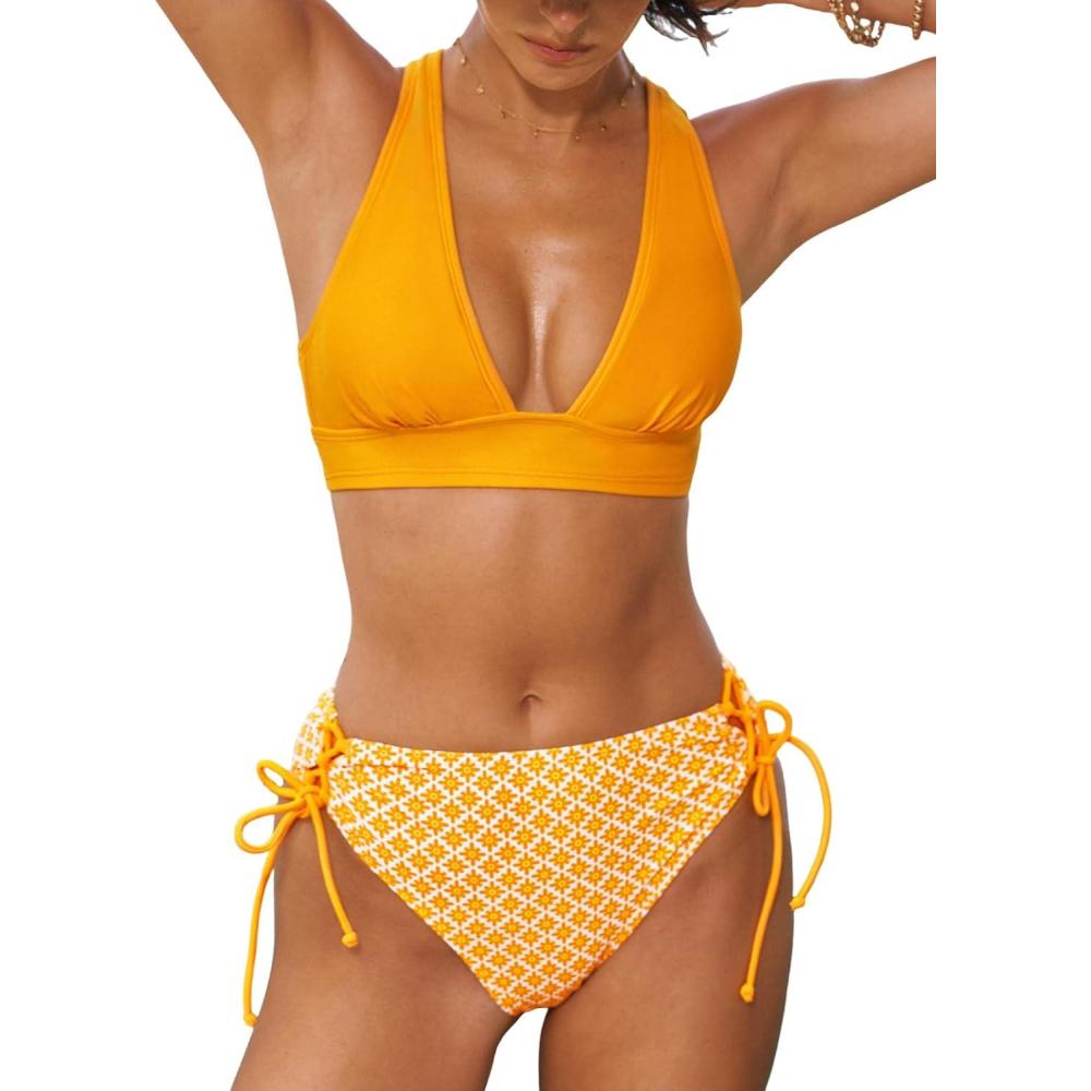 imageCUPSHE Bikini Set for Women Two Piece Swimsuit V Neck Triangle Top Wide Straps Cross Back Lace up Mid RiseYellowFloral