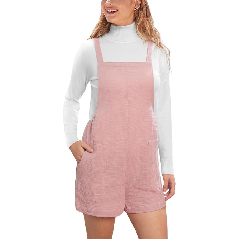 imageCUPSHE Casual Cotton Loose Rompers Fit Summer Pockets Sleeveless Wide Strap Square Neck OutfitPink
