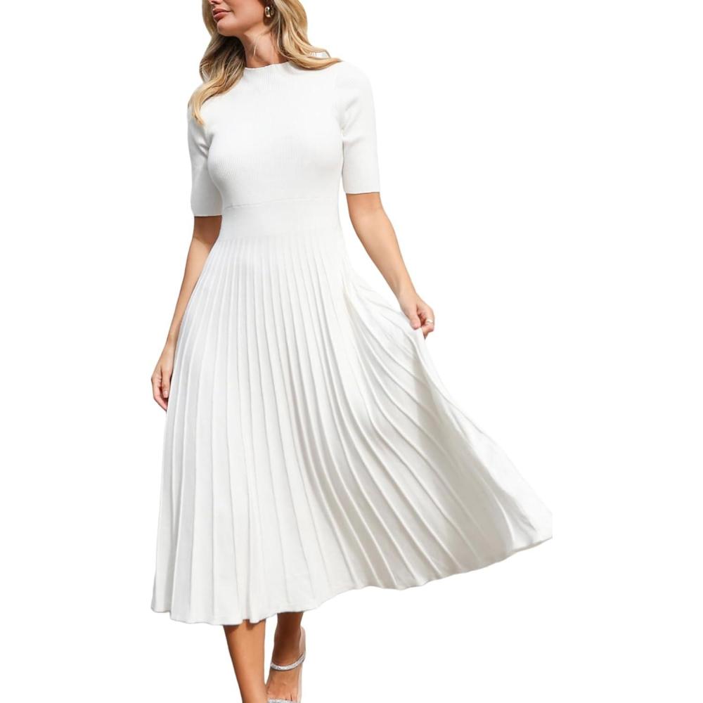imageCUPSHE Fall Dresses for Women 2025 Round Neck Half Sleeve Ribbed Knit Pleated A Line Fitted Midi Pullover Sweater DressWhite