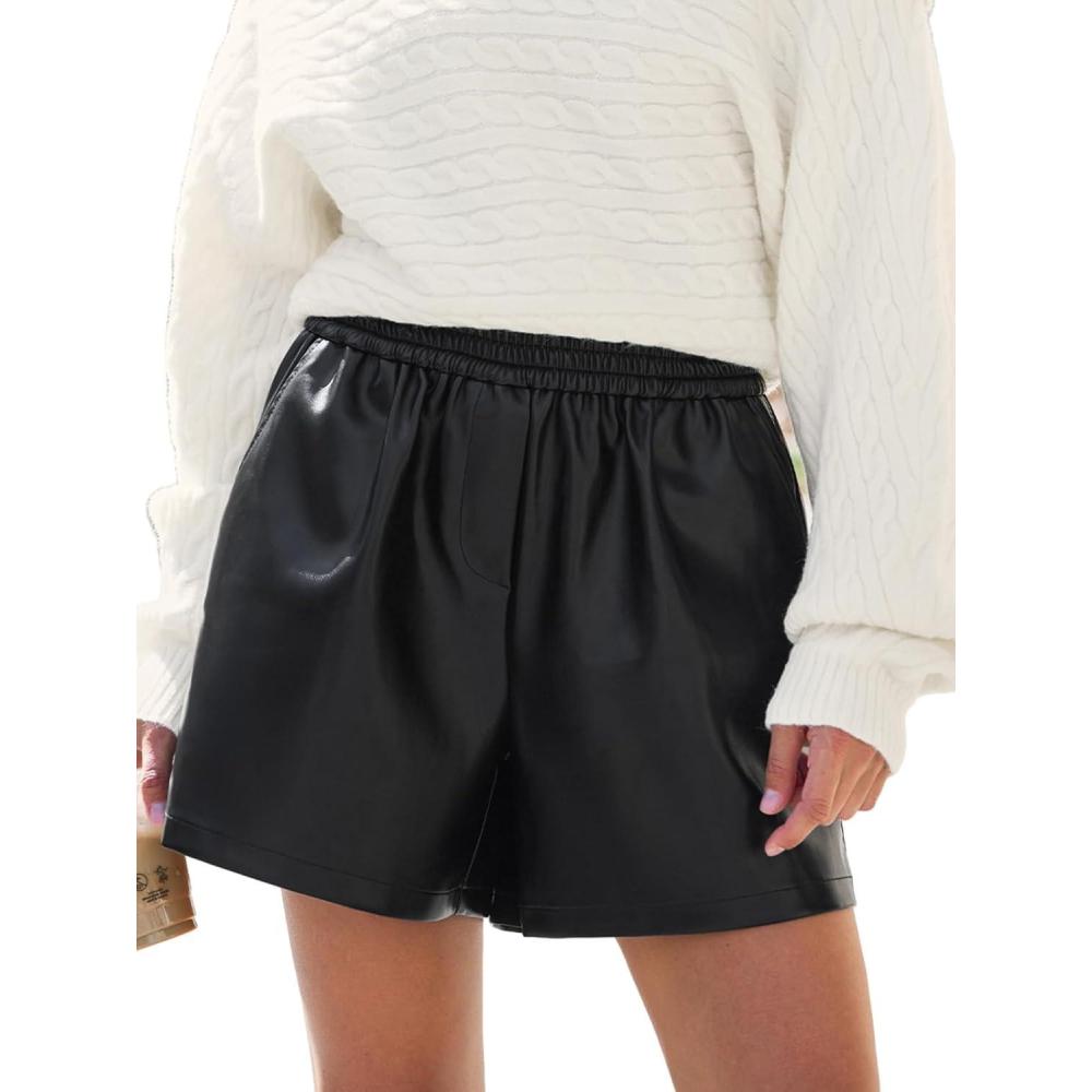imageCUPSHE Faux Leather Shorts for Women High Wasited Pull On Pleated Pleather Shorts with Elastic Waist PocketsBlack