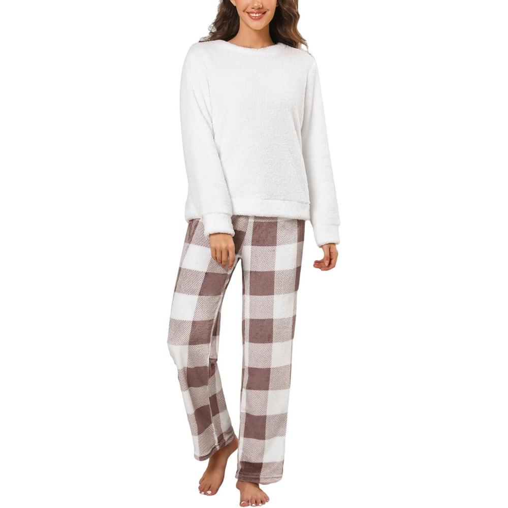 imageCUPSHE Fleece Pajama Set for Women Fuzzy Lounge Sets Winter 2 Piece Soft Sweater Pants OutfitsWhite