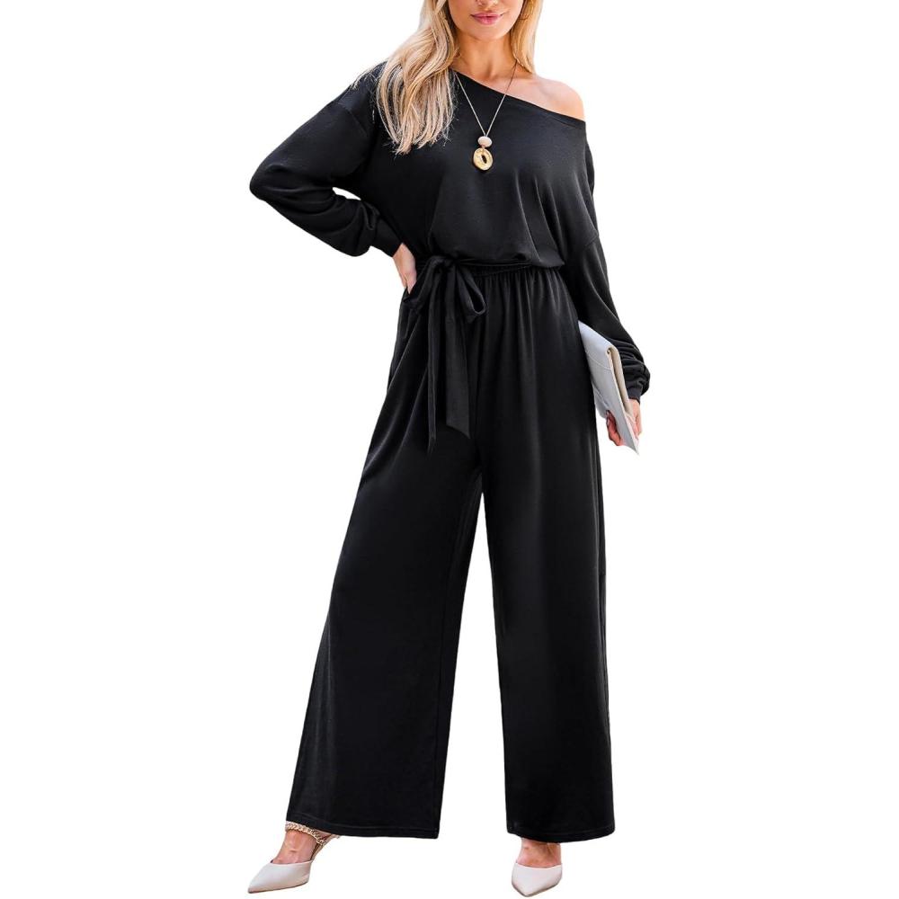 imageCUPSHE Jumpsuits for Women Long Sleeve Off Shoulder Belted Overalls with Pockets Wide Leg Pants Rompers Vacation OutfitsBlack