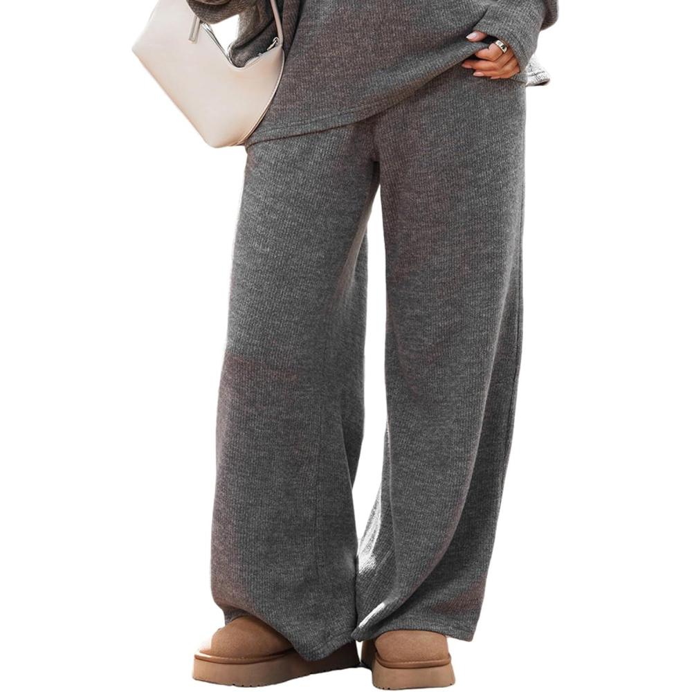 imageCUPSHE Knit Pants for Women Casual Wide Leg Drawstring Long Pants with Pockets High Waist Lounge Trousers Vacation OutfitsGrey