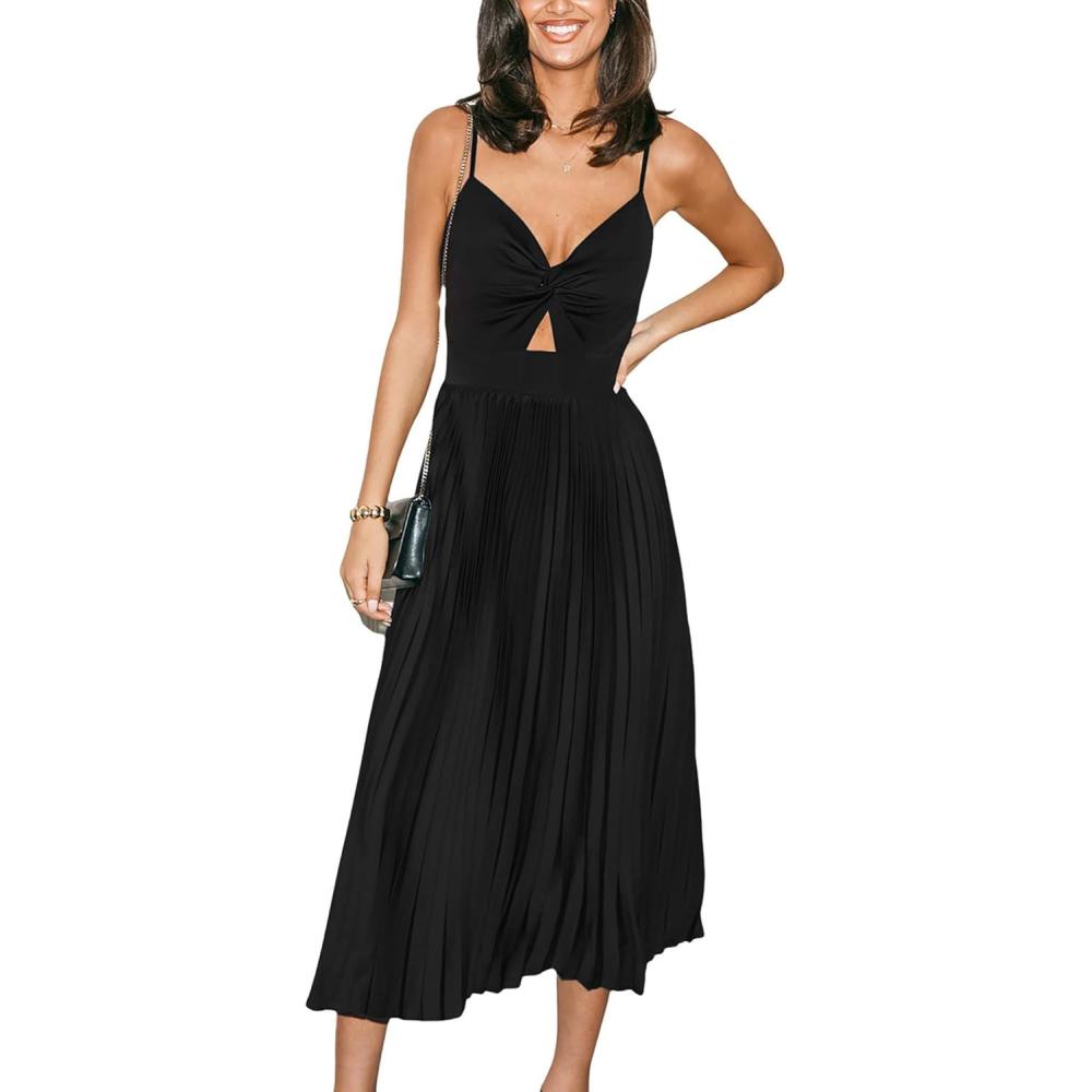 imageCUPSHE Midi Dress for Women 2026 Party Spaghetti Straps Sleeveless Pleated Cutout Formal DressBlack